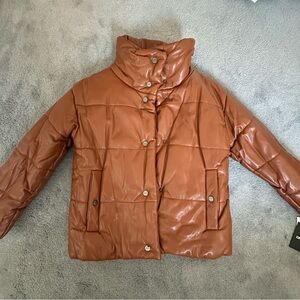DKNY Womens Faux-Leather Snap Puffer Coat Large Cognac Brown